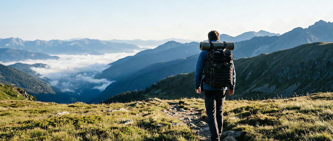 Randonneur sur un sentier alpin portant un sac à dos 50L de trek au lever du jour