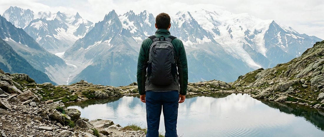 Randonneur avec un sac à dos ultra léger face au lac Blanc et au massif du Mont-Blanc, une des plus belles randonnées des Alpes
