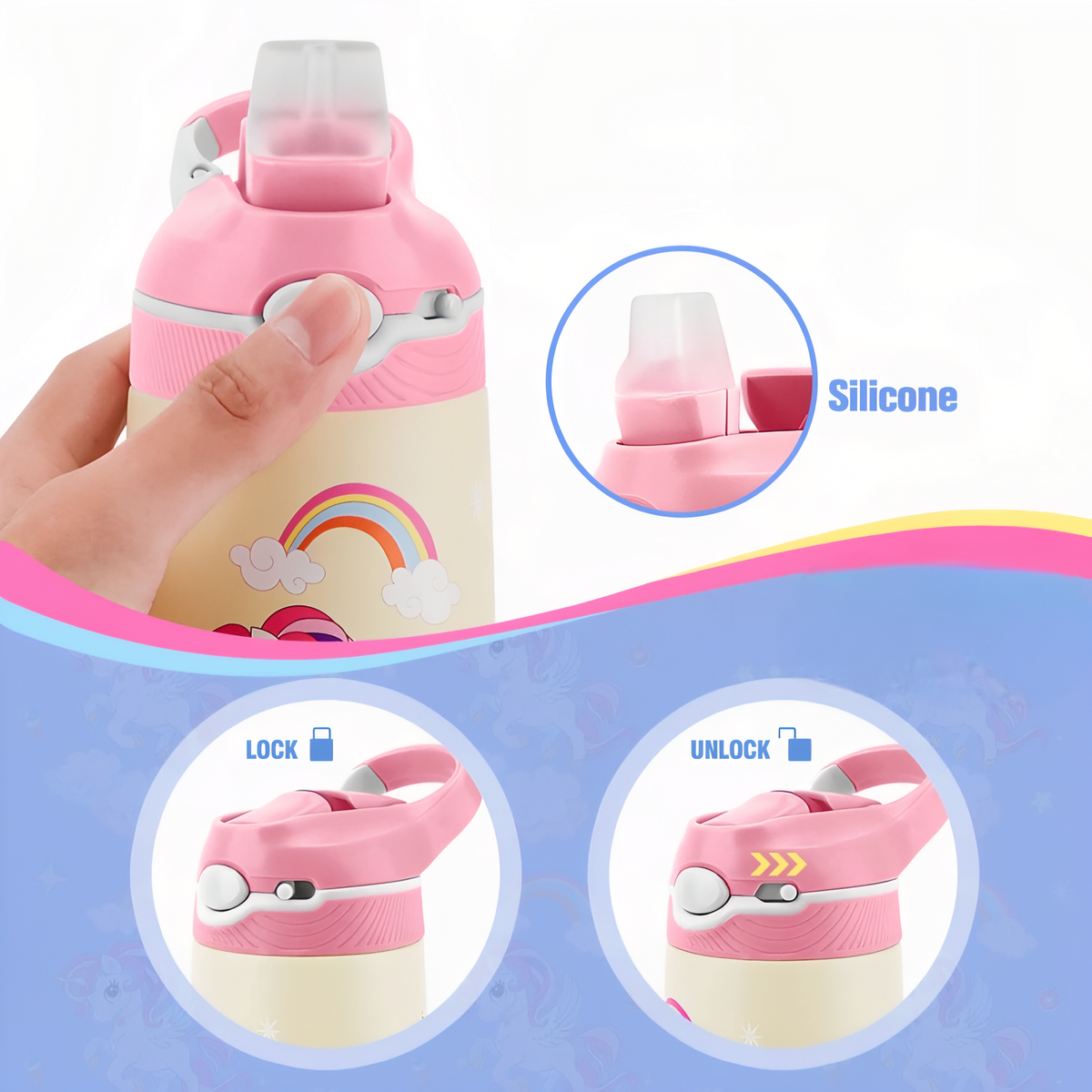 Gourde Enfant Lion 400ML gros plan mécanisme ouverture - Bleu Ciel et Crème