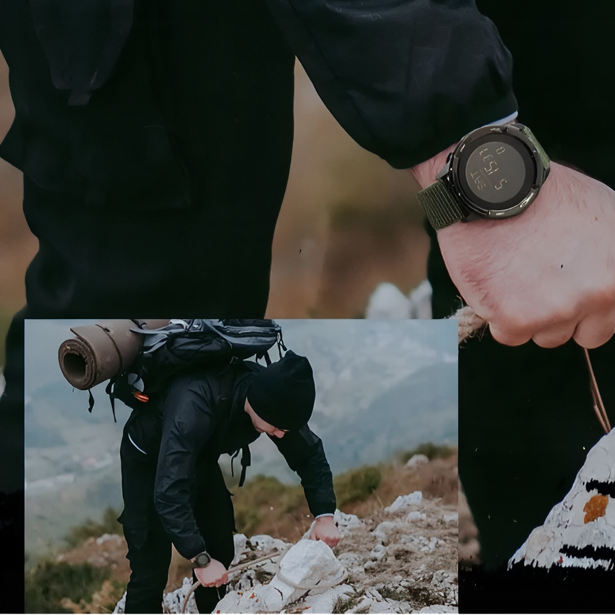 Montre Digitale Randonnée en Carbone portée à la main - Vert Olive - Noir et Gris