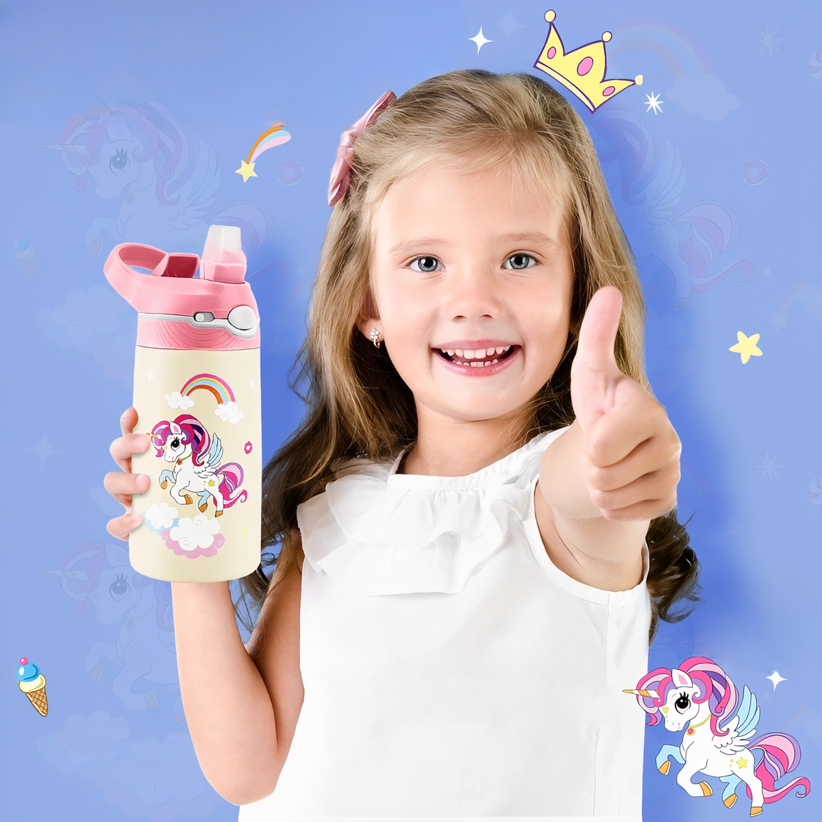 Gourde Enfant Lion 400ML enfant montrant le pouce - Bleu Ciel et Crème