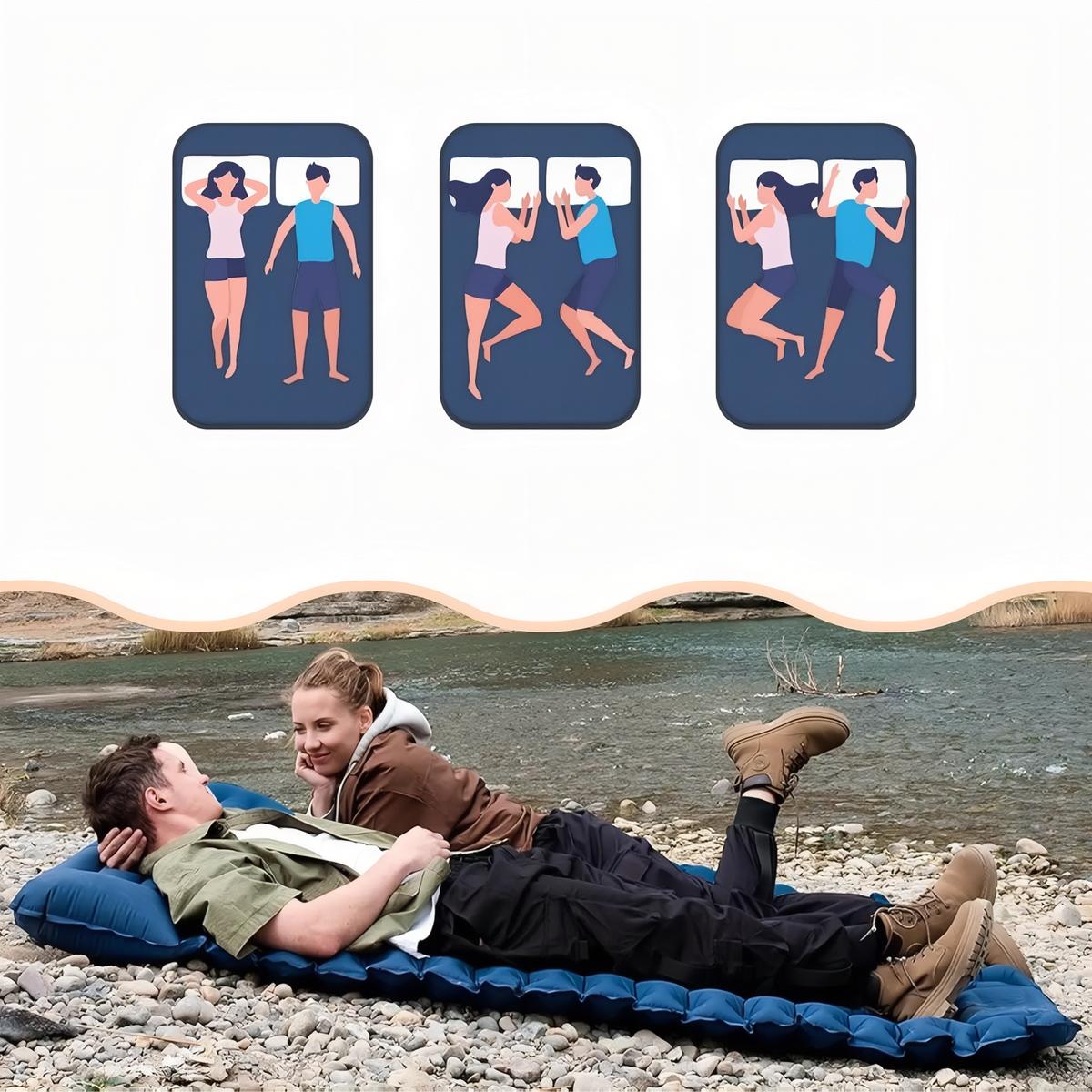 Matelas Gonflable Randonnée 2 Personnes Avec Coussin mise en situation extérieure - Bleu Marine - Bleu Ciel - Marron Clair - Vert Olive