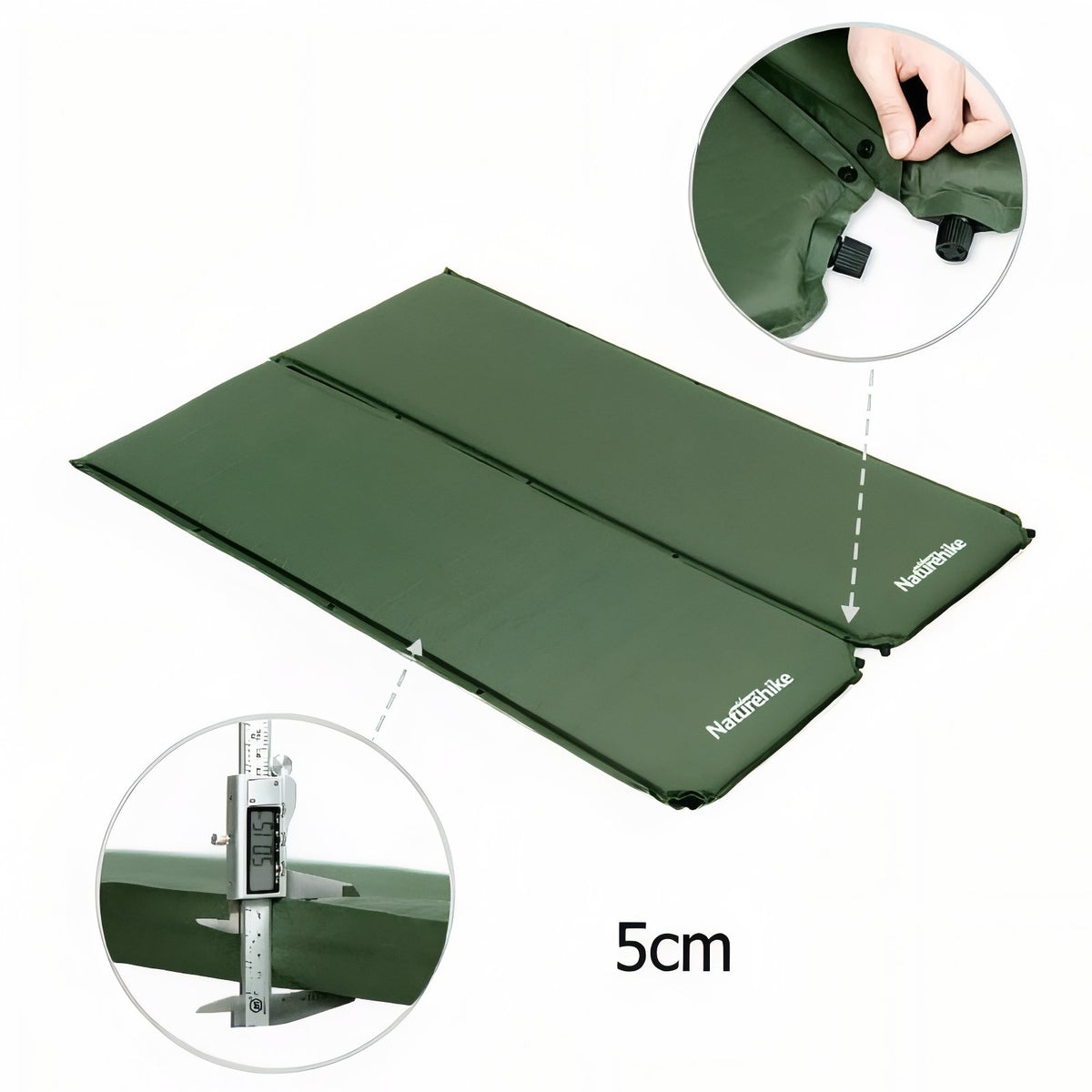 Matelas De Camping Autogonflant 1 Personne gros plan fermeture zippée - Vert Foncé - Gris Foncé - Beige Clair