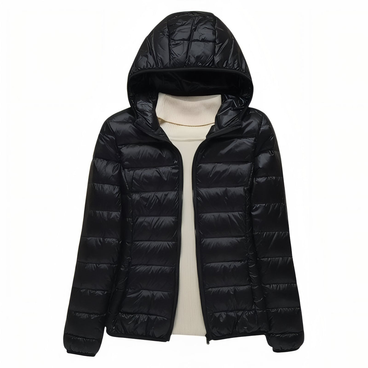 Doudoune Randonnée Compressible Femme vue avant avec capuche - Noir