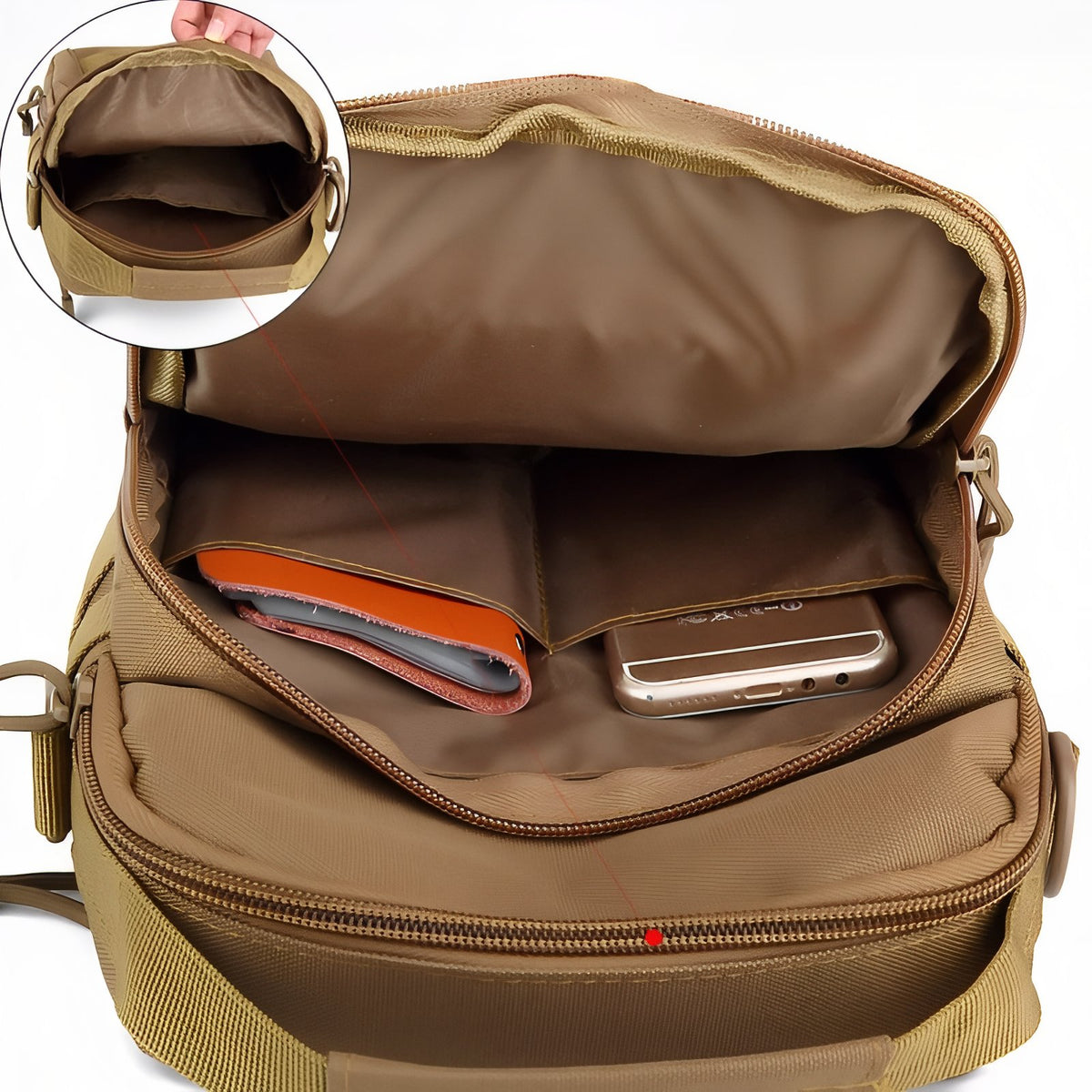 Sac Bandoulière Randonnée compartiment ouvert - Marron Foncé - Vert Olive - Noir Mat