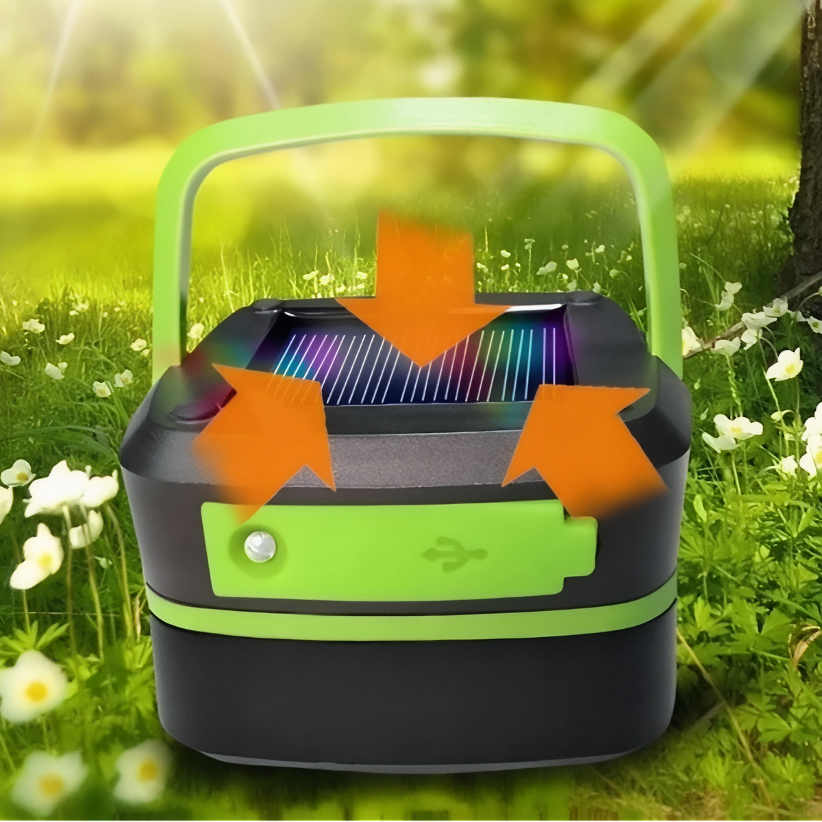 Lanterne Solaire Pliable mise en situation extérieure - Orange et Blanc - Vert Fluo et Noir
