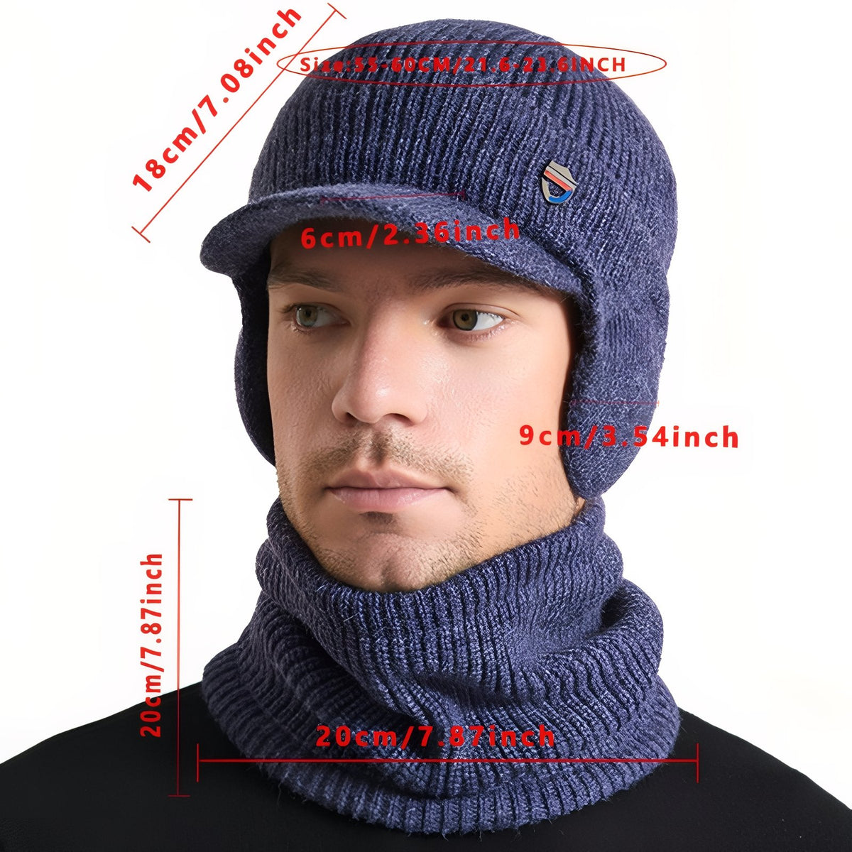Casquette Cagoule Hiver Homme guide des dimensions - Noir Tâcheté - Bleu - Bleu Marine - Noir Uni - Gris Foncé - Gris Clair - Beige