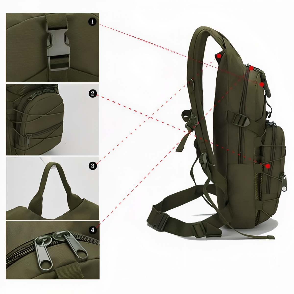 Sac à Dos Militaire 25 Litres détails des sangles - Vert Olive - Vert Camouflage - Gris Camouflage - Olive Camouflage - Noir