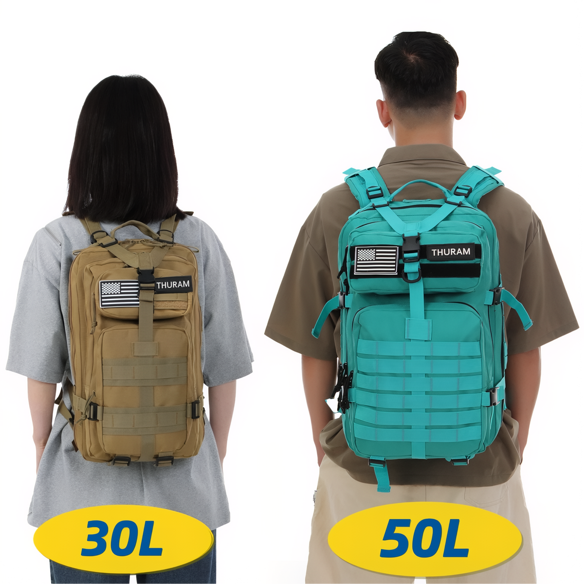 Sac à Dos Militaire Imperméable 30L/50L deux tailles portées - Noir Camouflage (50L) - Noir Camouflage (30L) - Vert Olive (50L) - Vert Olive (30L) - Bleu Marine (50L) - Rose (50L) - Beige (50L) - Beige (30L) - Vert Camouflage (50L) - Vert Camouflage (30L) - Noir (50L) - Noir (30L) - Gris Camouflage (50L) - Gris Camouflage (30L) - Turquoise (50L) - Rouge (50L) - Blanc (50L)