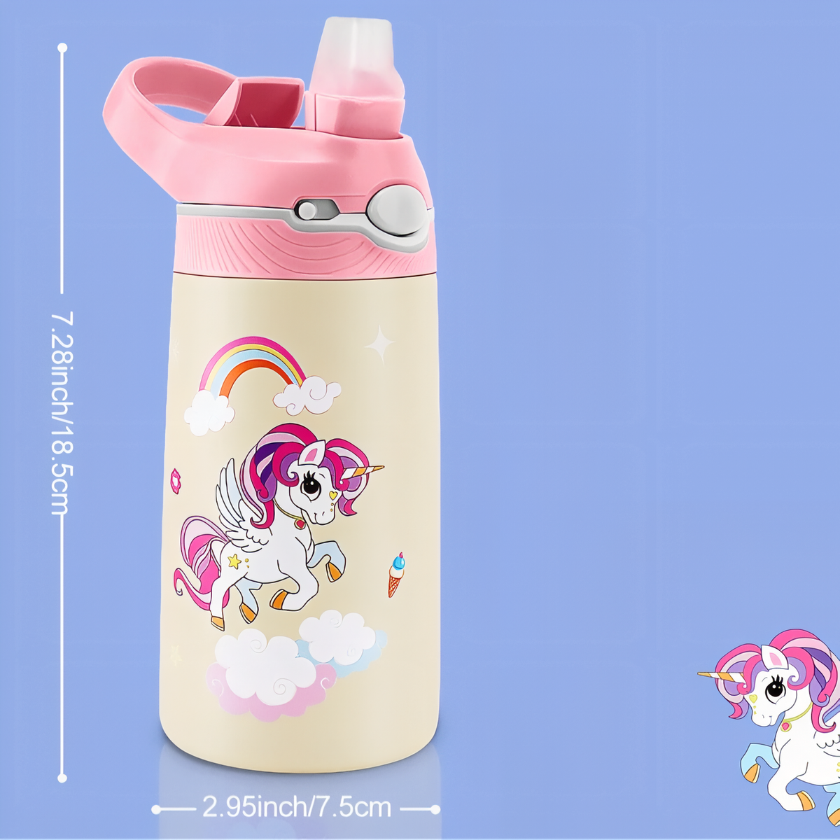 Gourde Enfant Lion 400ML guide des dimensions - Bleu Ciel et Crème