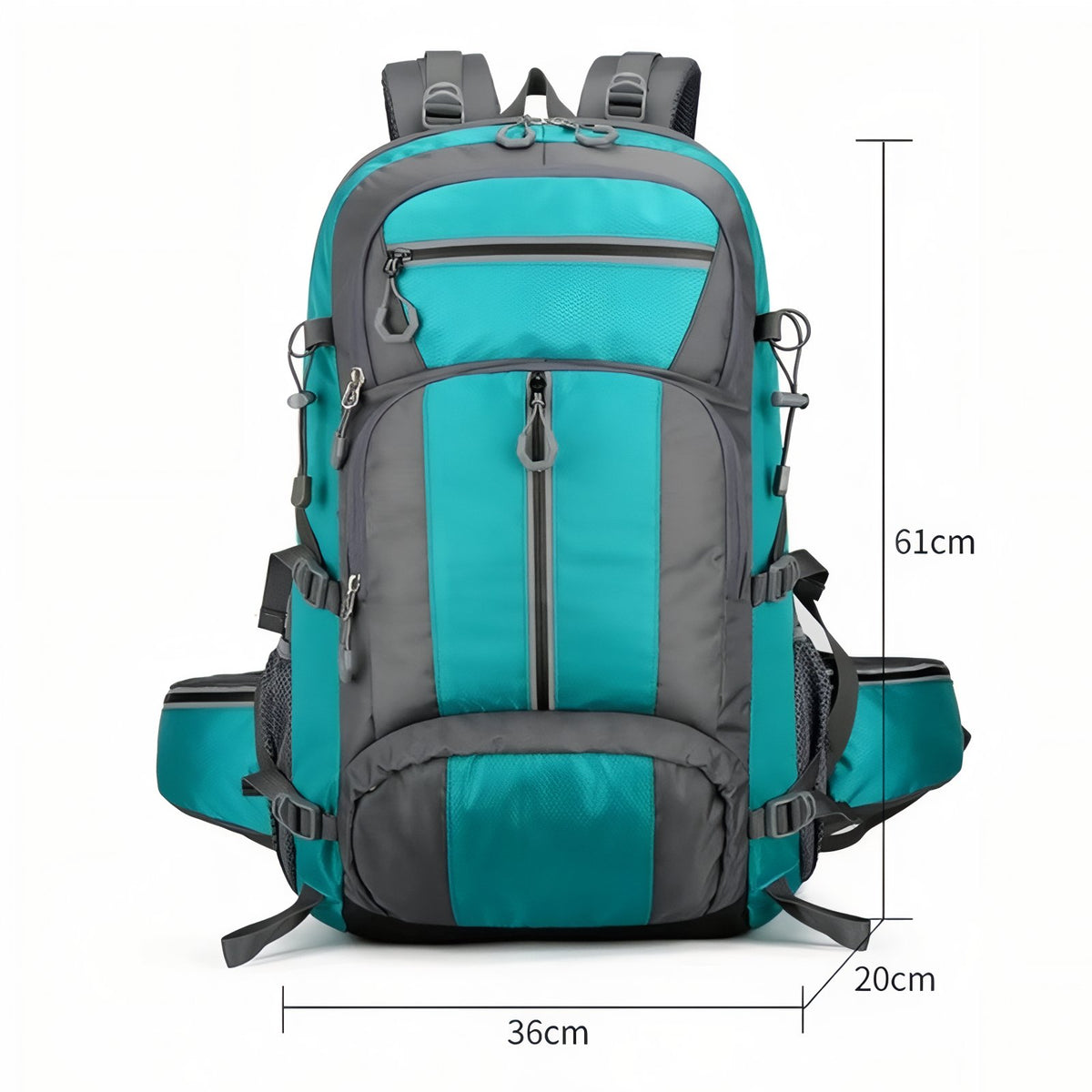 Sac à Dos Randonnée Multi-Poches 55L dimensions affichées - Turquoise et Gris
