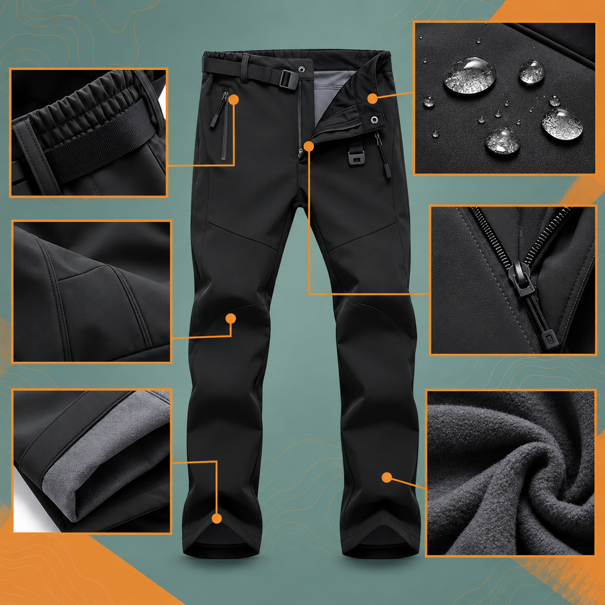 Pantalon Randonnée Femme Imperméable détails techniques : tissu déperlant, doublure polaire, zips étanches et taille élastiquée - Noir